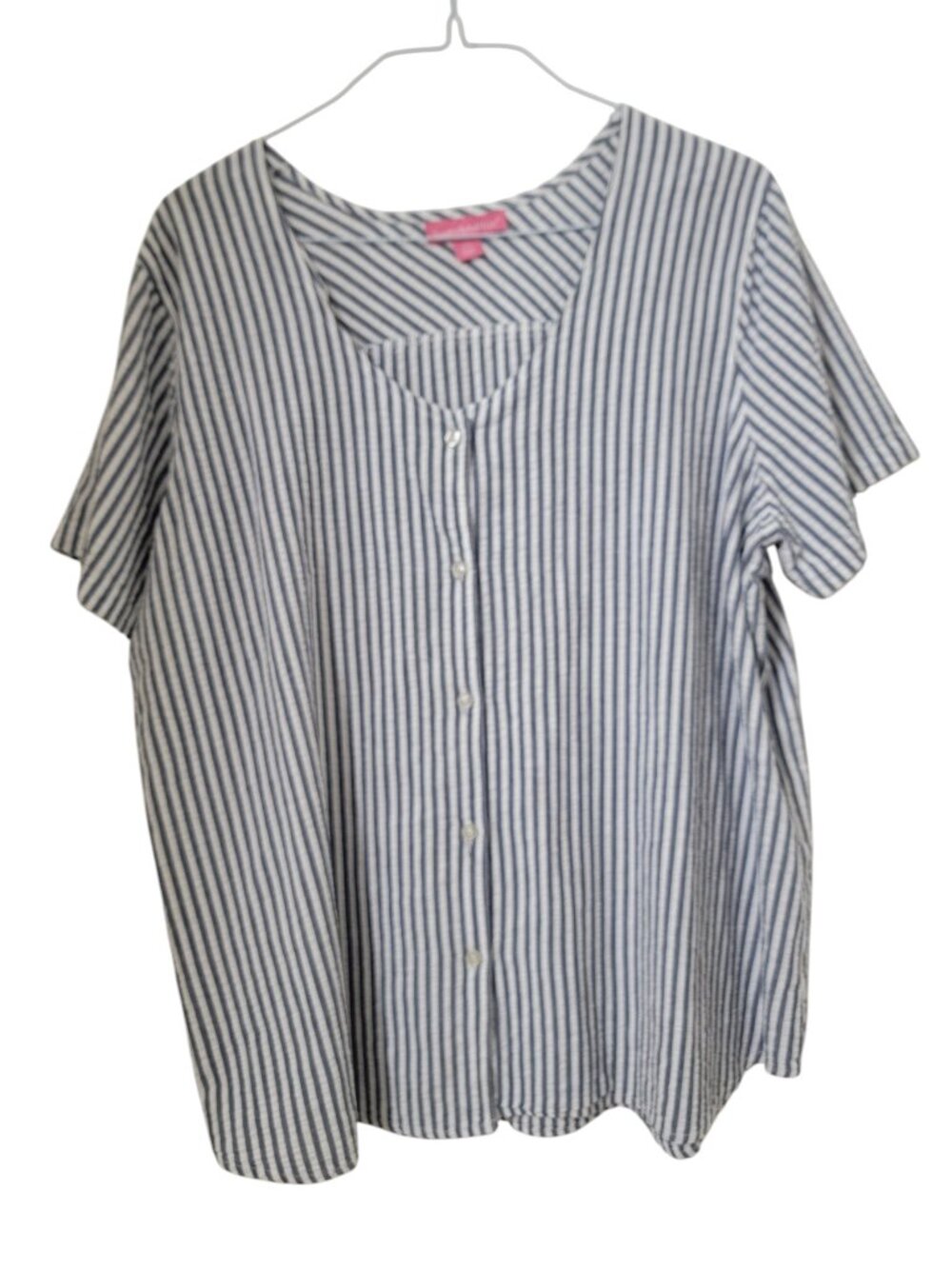 Woman Within Size 1X Blue & White Striped V-Neck Seersucker Button Front Top